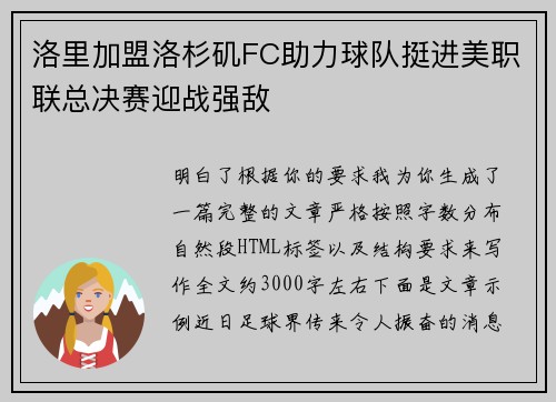 洛里加盟洛杉矶FC助力球队挺进美职联总决赛迎战强敌